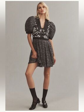 Anthropologie Black Mini Dress with Puff Sleeves